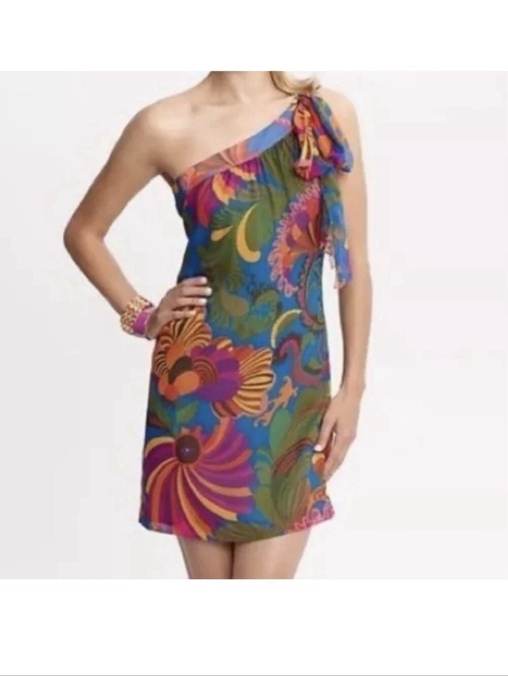 Banana Republic Trina Turk SZ 10 Multicolor Floral Tropical Dress One Shoulder